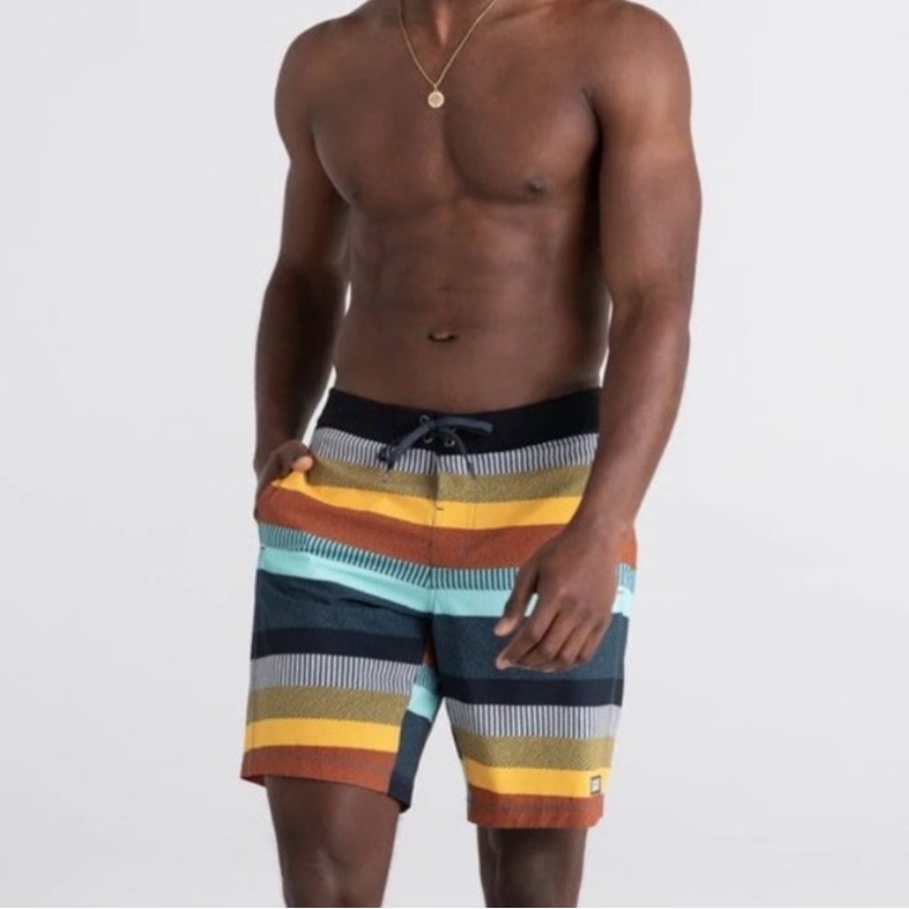 Saxx Men’s Betawave 2N1 Boardie Swim Trunks Board Shorts Striped, size 40